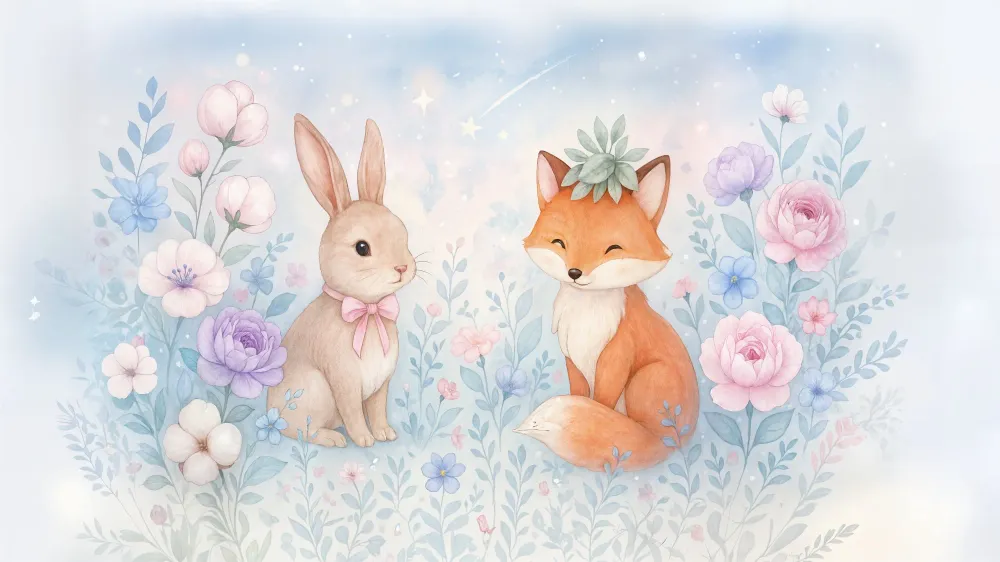 Papel de parede animal | Coelho e Raposa num Jardim Encantado