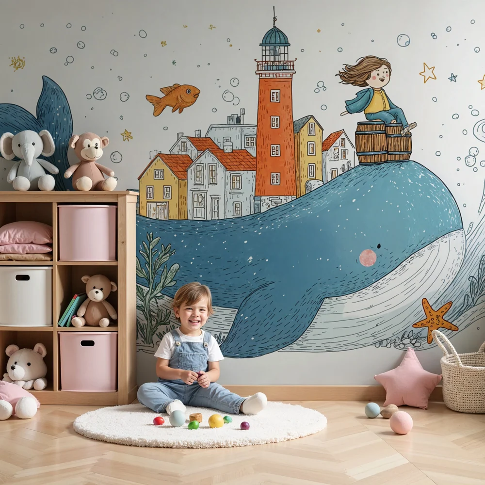 Papel de parede baleia | Ilustração marinha infantil