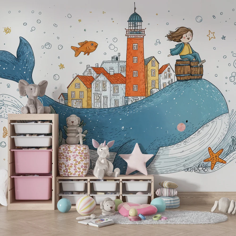 Papel de parede baleia | Ilustração marinha infantil