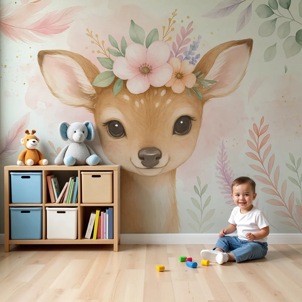 Papel de parede crianç | Adorável veado com flores