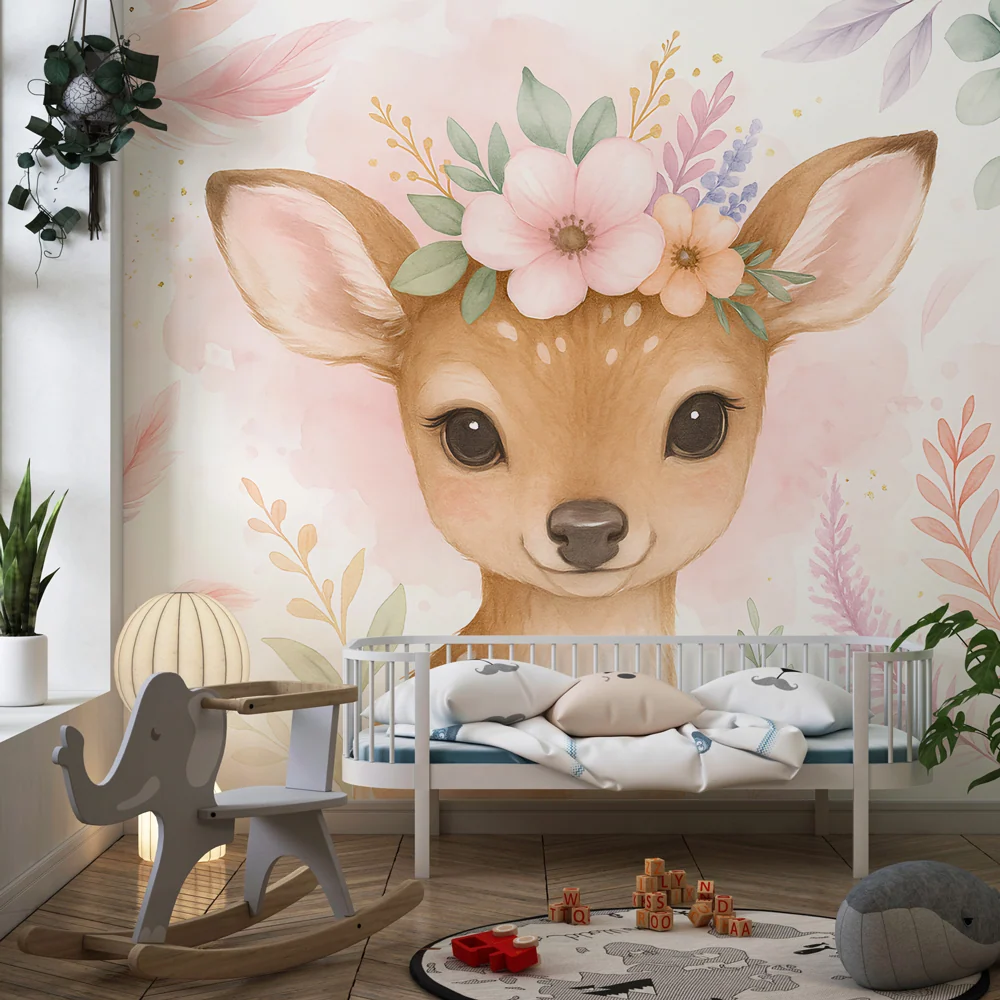 Papel de parede crianç | Adorável veado com flores