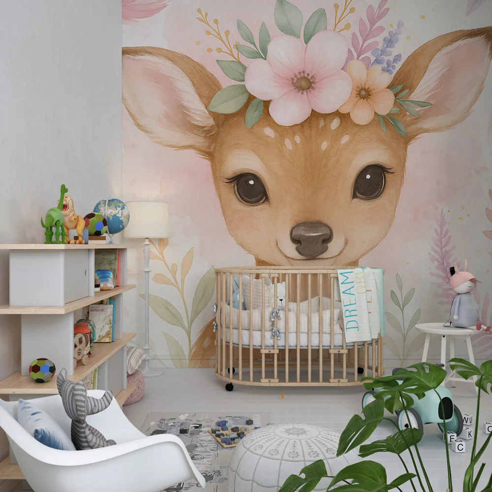 Papel de parede crianç | Adorável veado com flores
