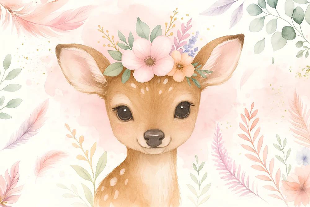 Papel de parede crianç | Adorável veado com flores