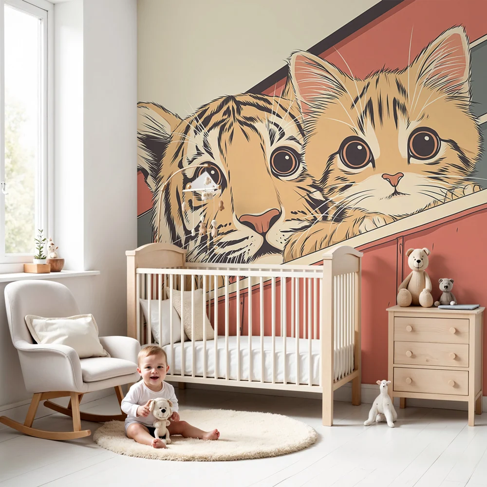 Papel de parede crianç | Amigos felinos tigre e gatinho no trem