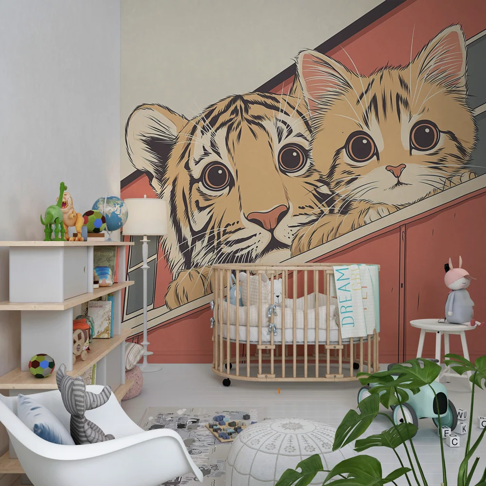 Papel de parede crianç | Amigos felinos tigre e gatinho no trem