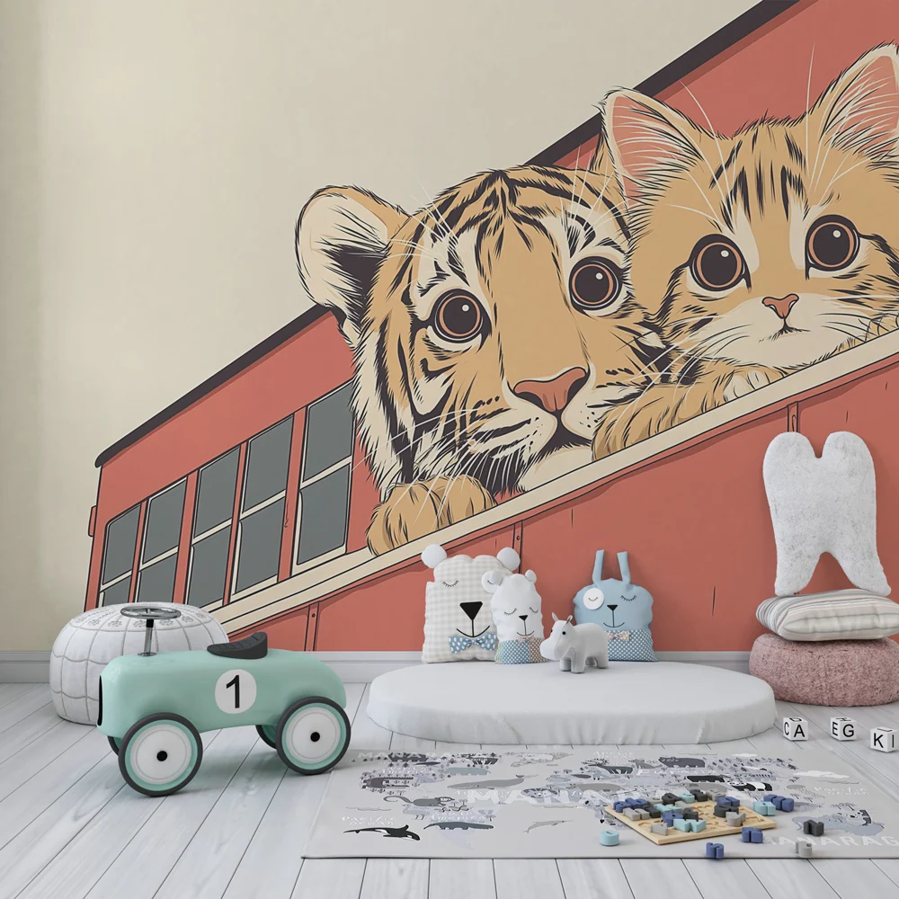 Papel de parede crianç | Amigos felinos tigre e gatinho no trem