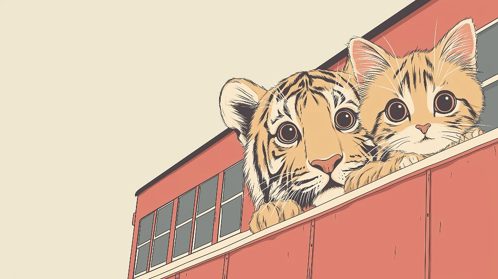 Papel de parede crianç | Amigos felinos tigre e gatinho no trem