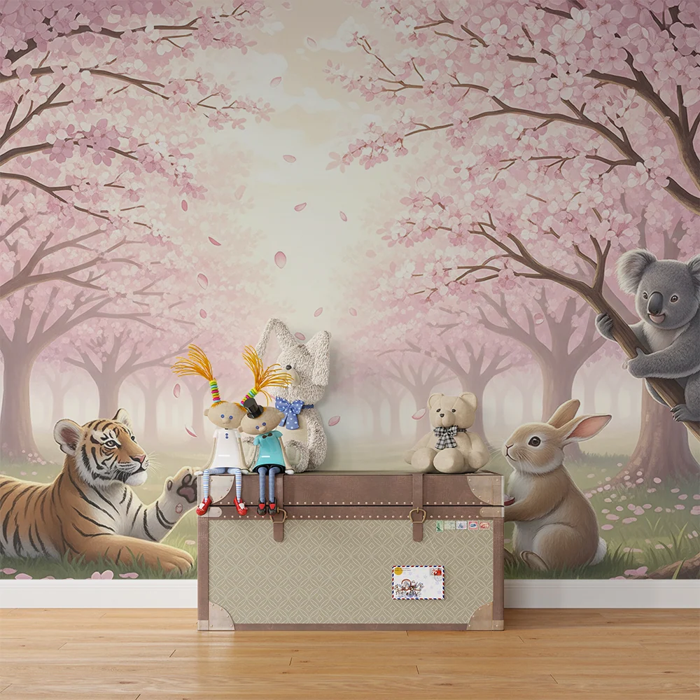 Papel de parede crianç | Animais debaixo das cerejeiras em flor