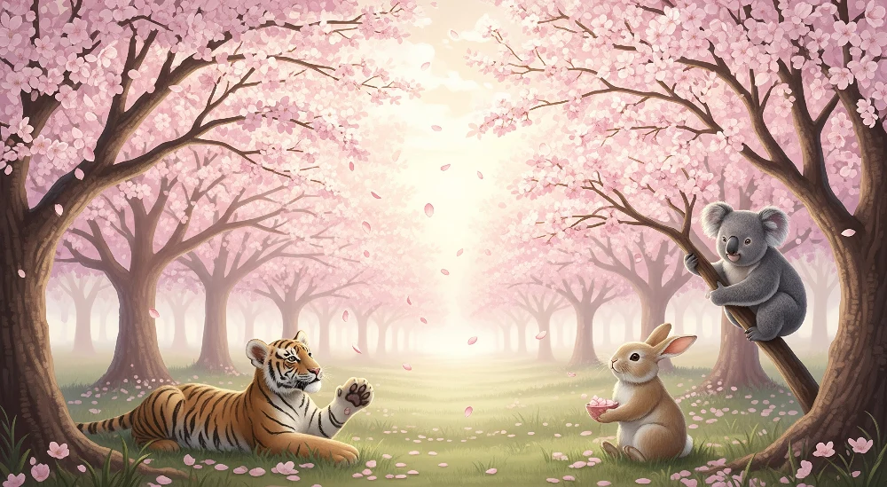Papel de parede crianç | Animais debaixo das cerejeiras em flor