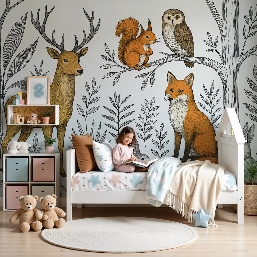 Papel de parede crianç | Animais da floresta e folhagem