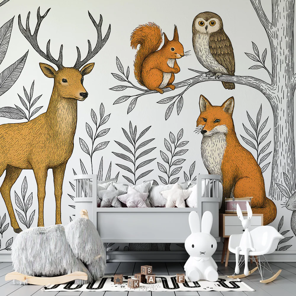 Papel de parede crianç | Animais da floresta e folhagem