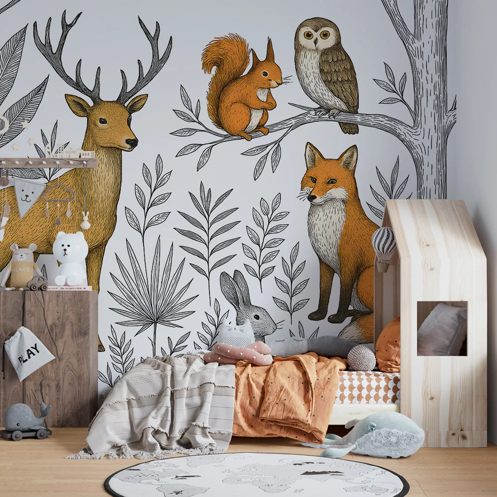Papel de parede crianç | Animais da floresta e folhagem
