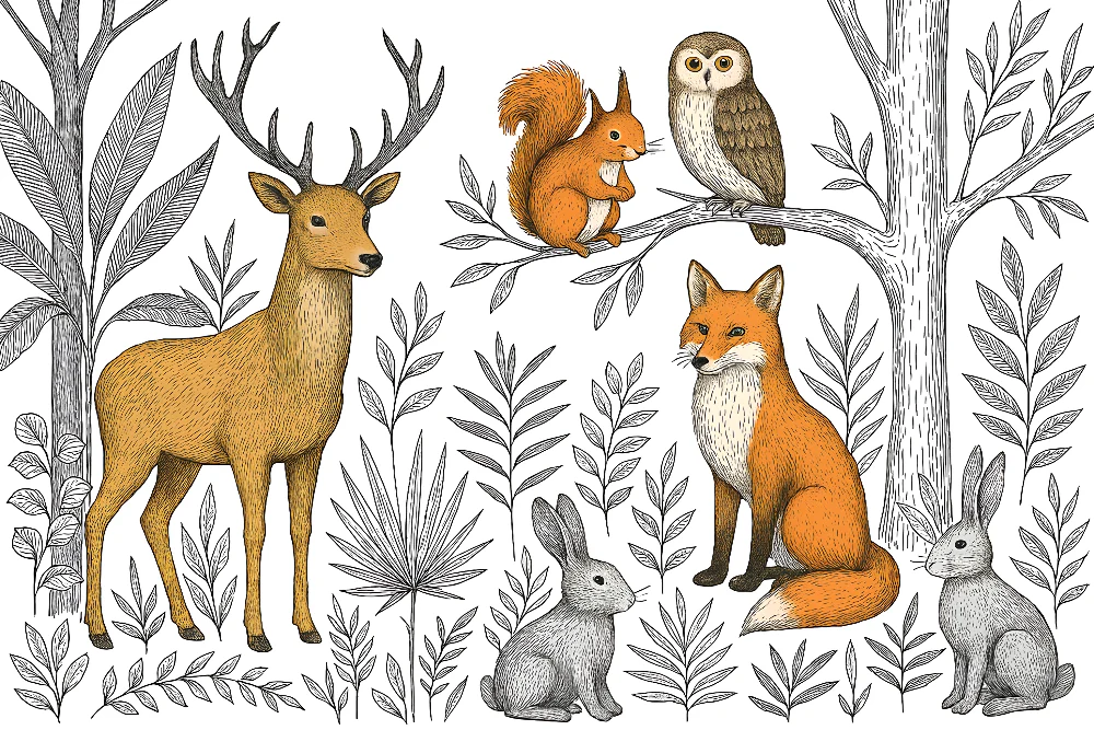 Papel de parede crianç | Animais da floresta e folhagem