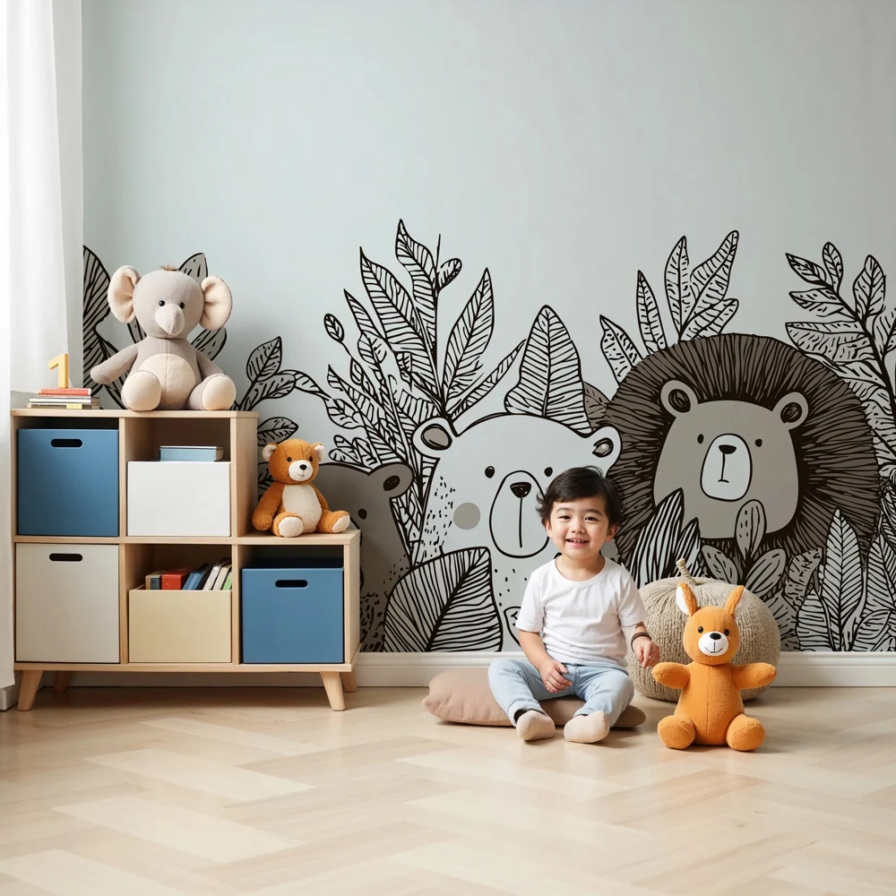 Papel de parede crianç | Animais da floresta numa selva