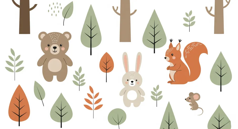 Papel de parede crianç | Animais da floresta em tons suaves de verde sálvia
