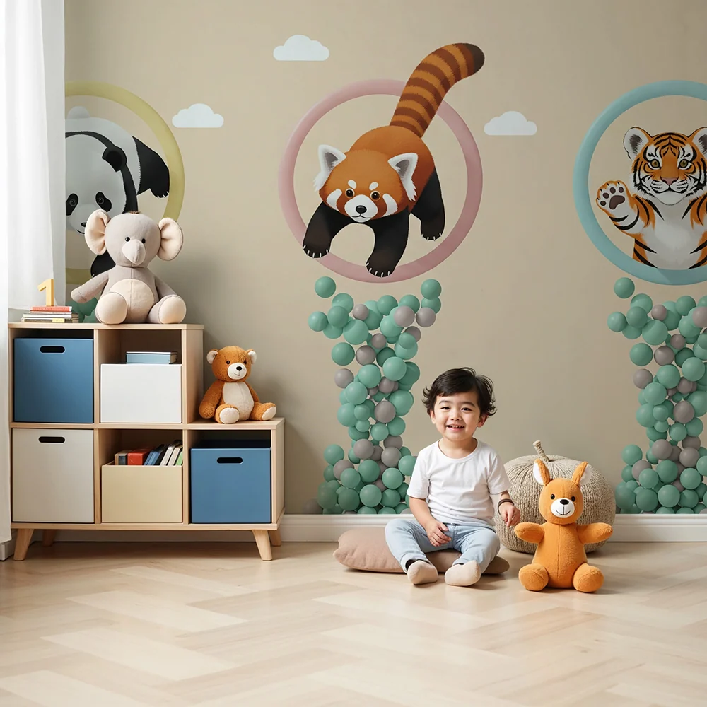 Papel de parede crianç | Animais fofos em círculo com um fundo pastel