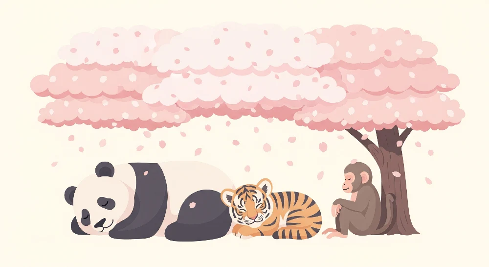 Papel de parede crianç | Animais fofos debaixo de uma cerejeira em flor