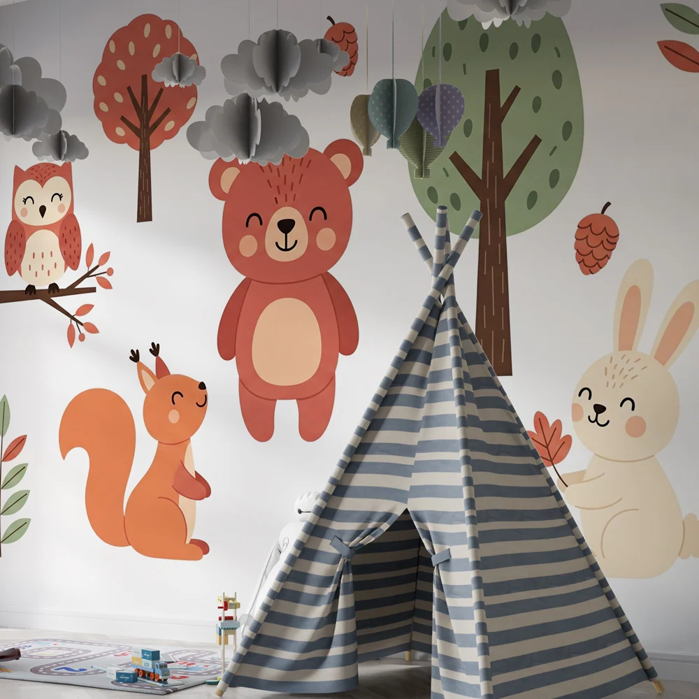 Papel de parede crianç | Animais fofos na floresta