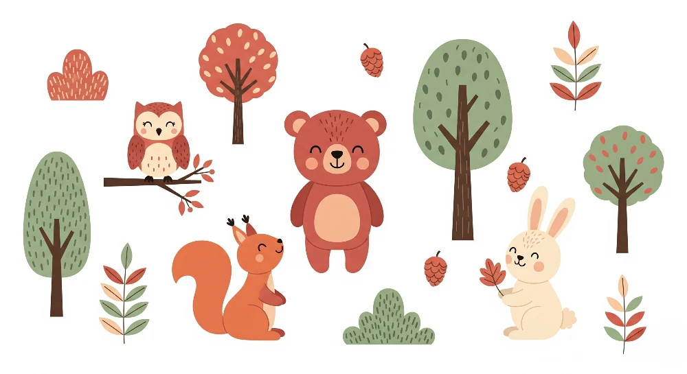 Papel de parede crianç | Animais fofos na floresta