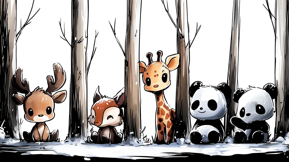 Papel de parede crianç | Animais fofos numa floresta nevada
