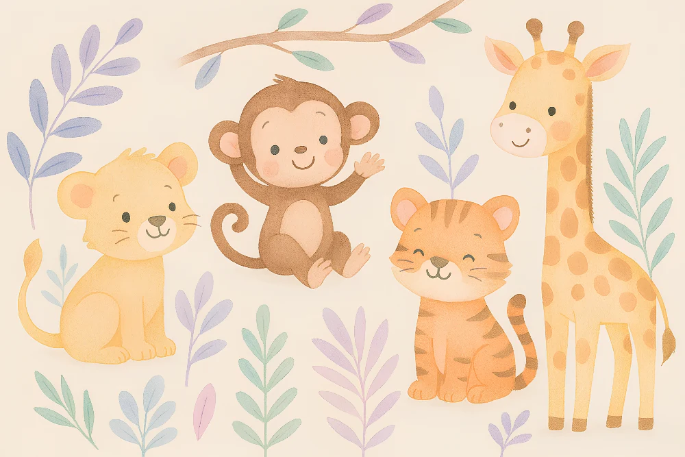 Papel de parede crianç | Animais fofos da selva em grande