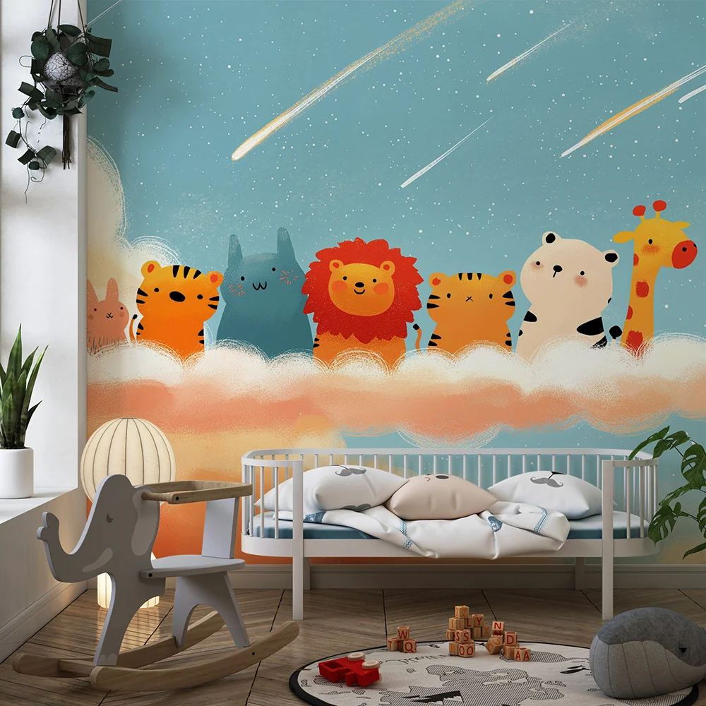 Papel de parede crianç | Animais fofos em uma nuvem estrelada