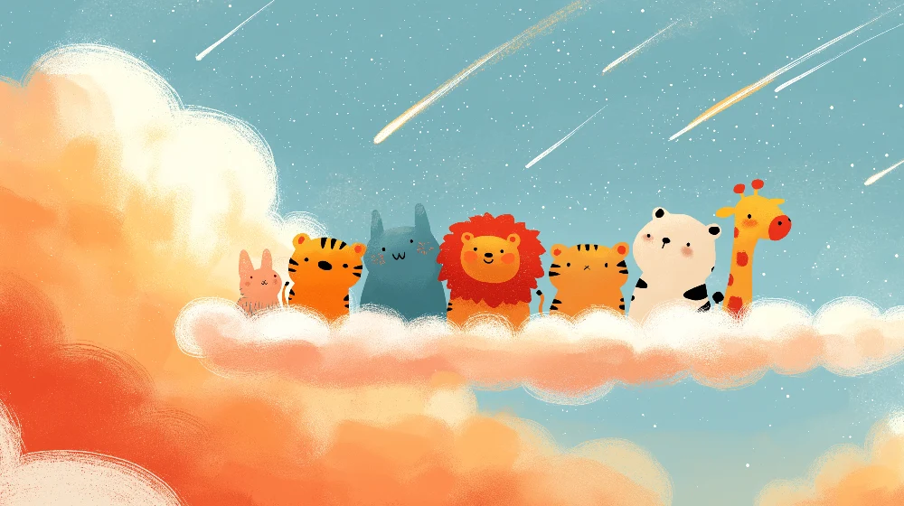 Papel de parede crianç | Animais fofos em uma nuvem estrelada