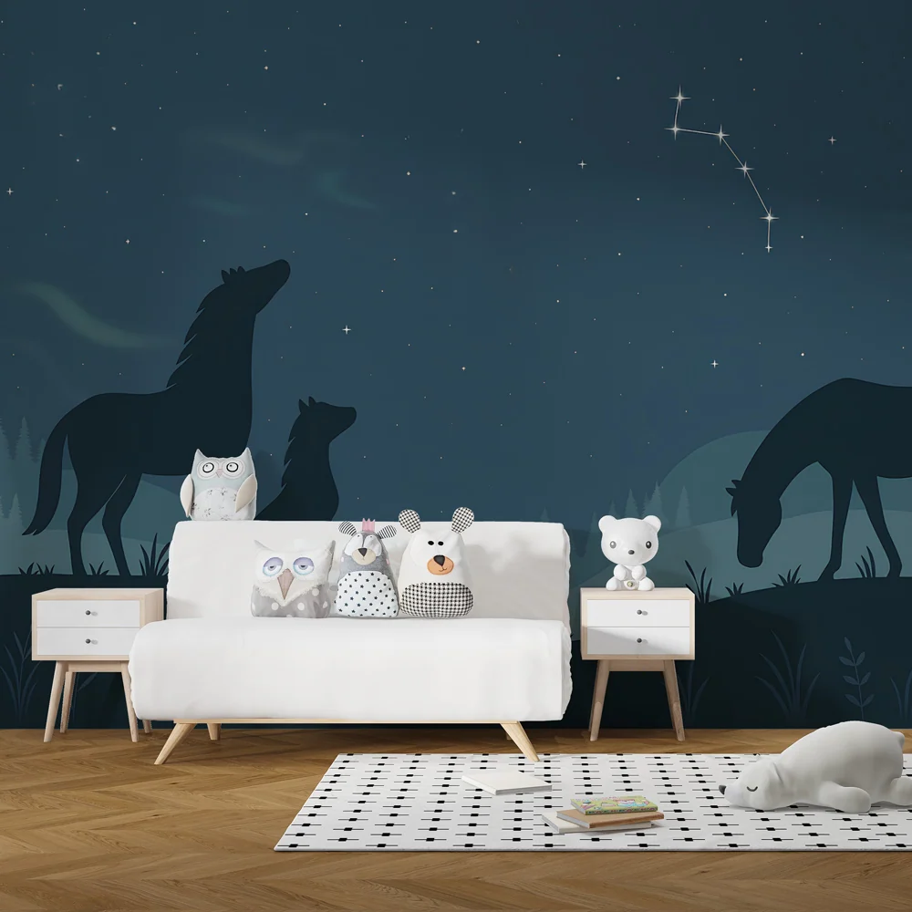 Papel de parede crianç | Animais noturnos sob as estrelas