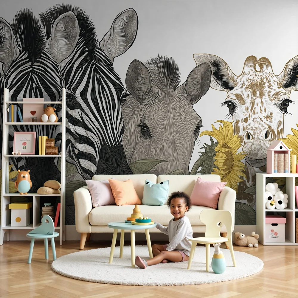 Papel de parede crianç | Animais da savana e girassóis