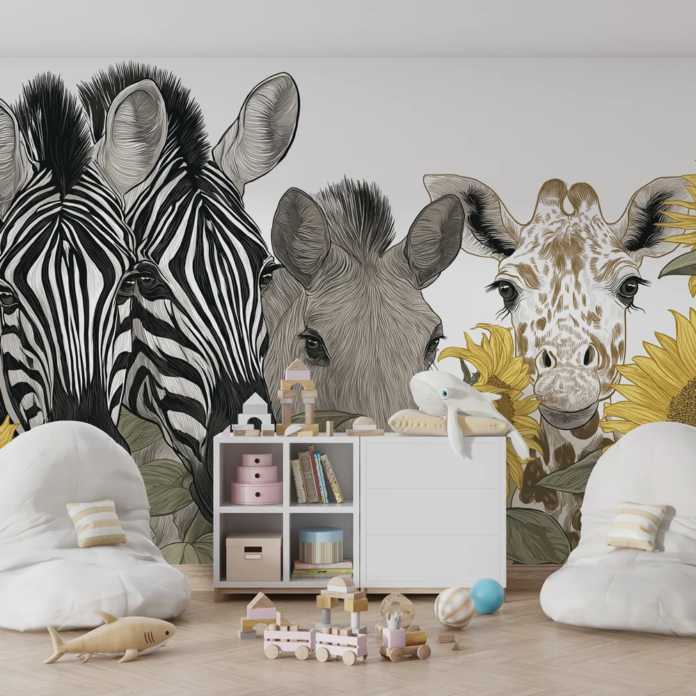 Papel de parede crianç | Animais da savana e girassóis