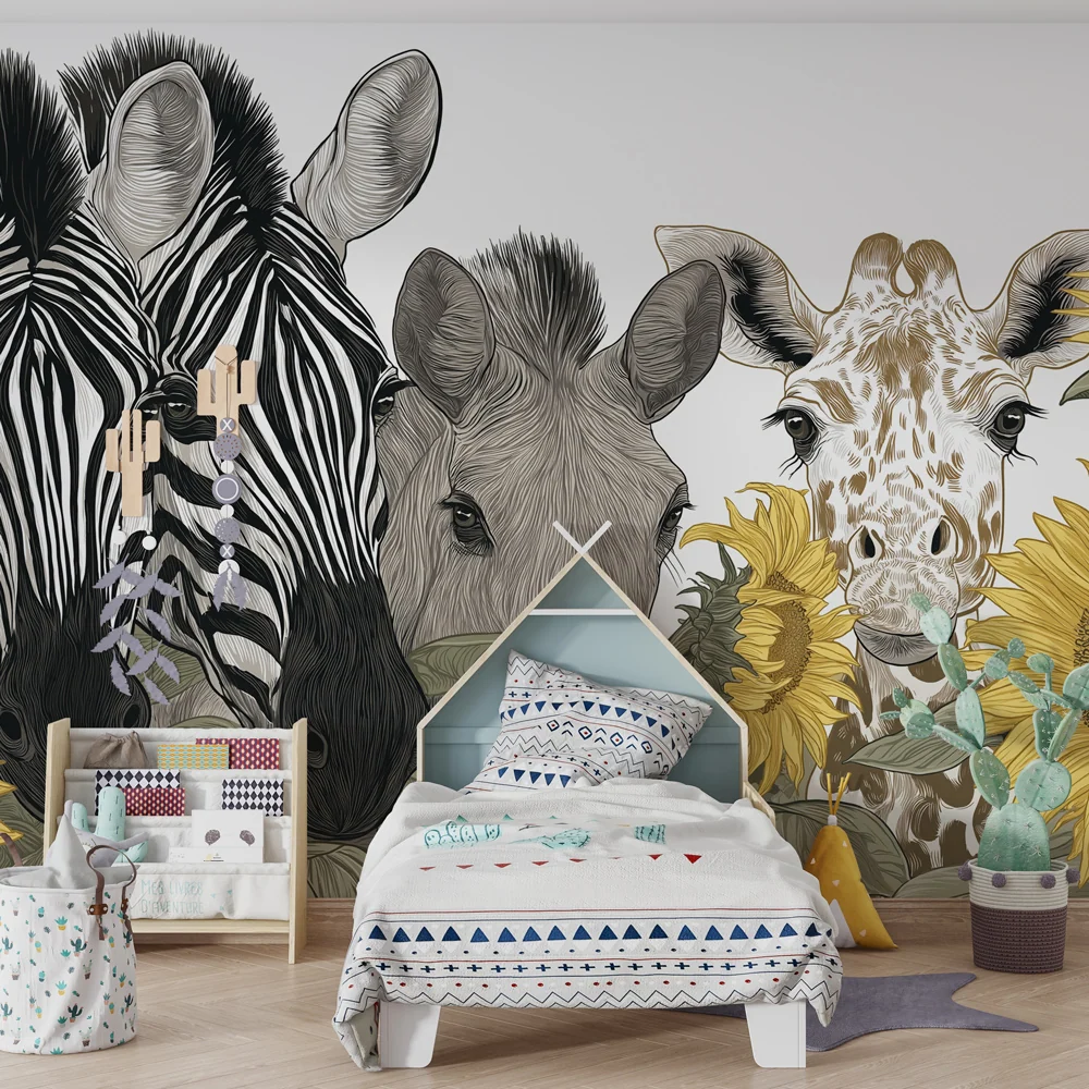 Papel de parede crianç | Animais da savana e girassóis