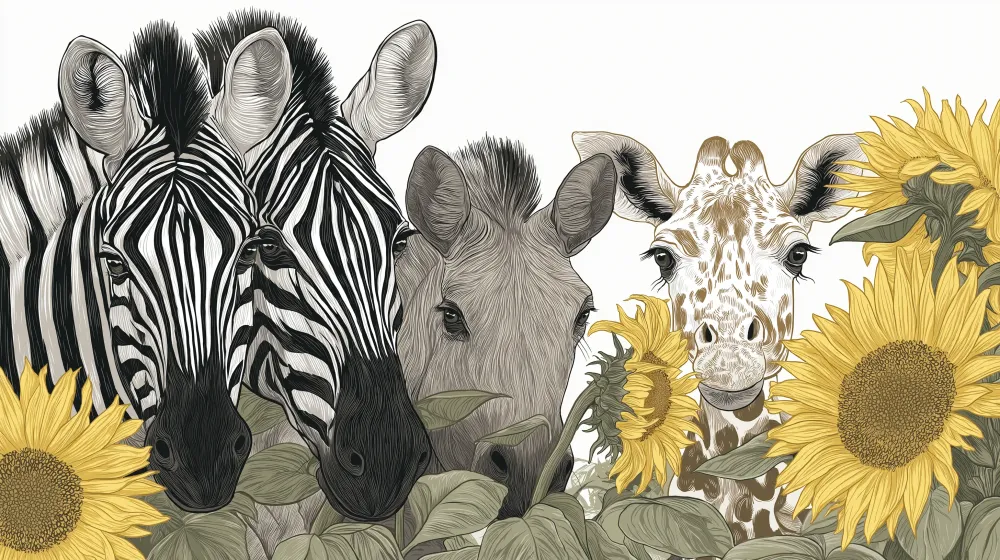Papel de parede crianç | Animais da savana e girassóis