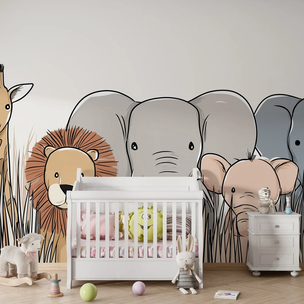 Papel de parede crianç | Animais da savana na relva