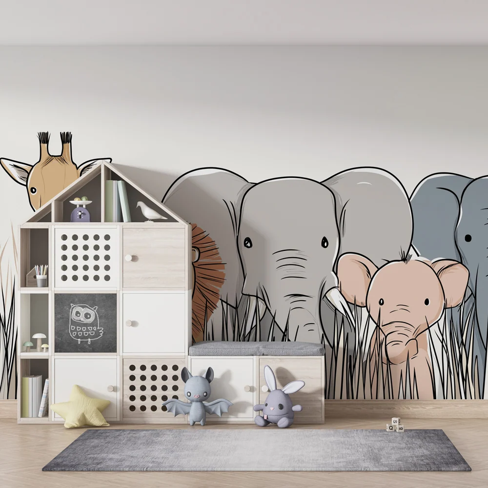Papel de parede crianç | Animais da savana na relva
