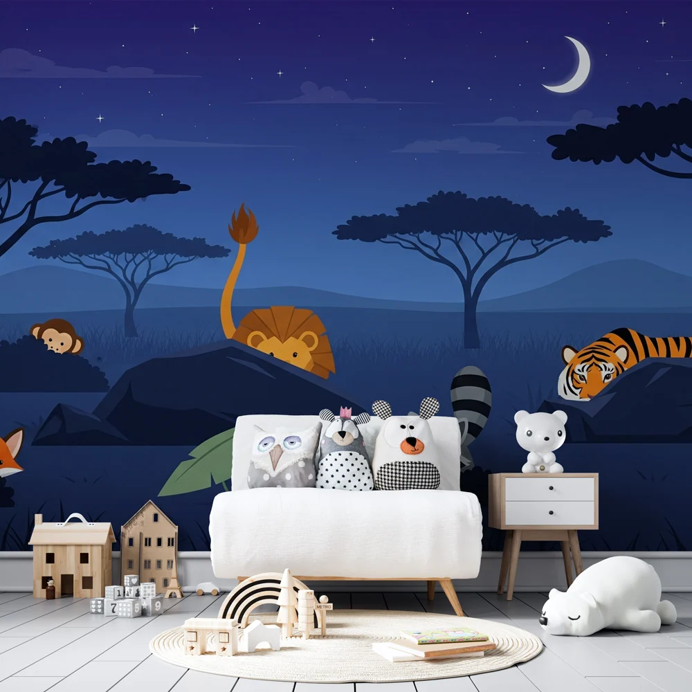 Papel de parede crianç | Animais da savana sob as estrelas