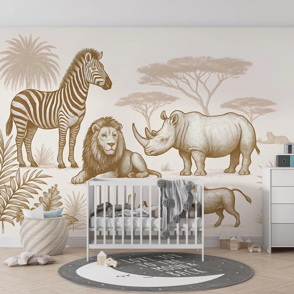 Papel de parede crianç | Animais da savana em sépia