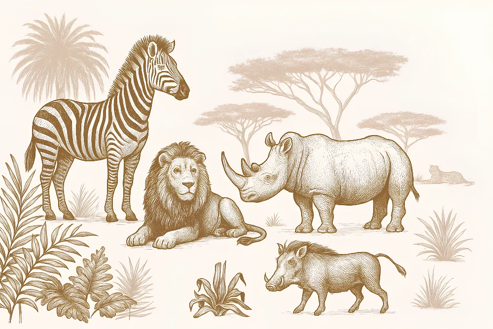 Papel de parede crianç | Animais da savana em sépia