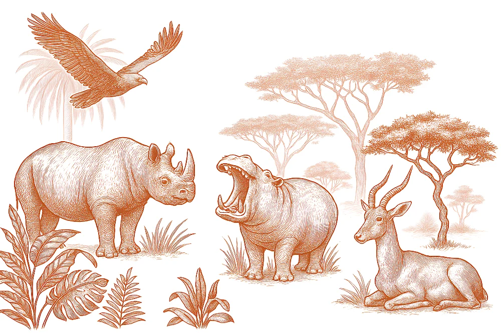 Papel de parede crianç | Animais da savana em tons suaves de laranja