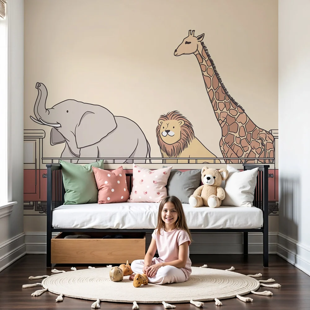 Papel de parede crianç | Animais da savana em um trem
