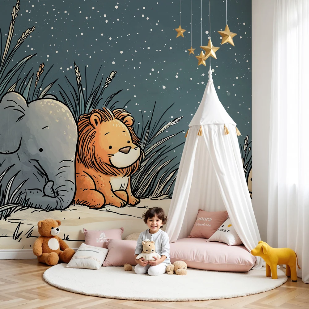 Papel de parede crianç | Animais da selva sob as estrelas