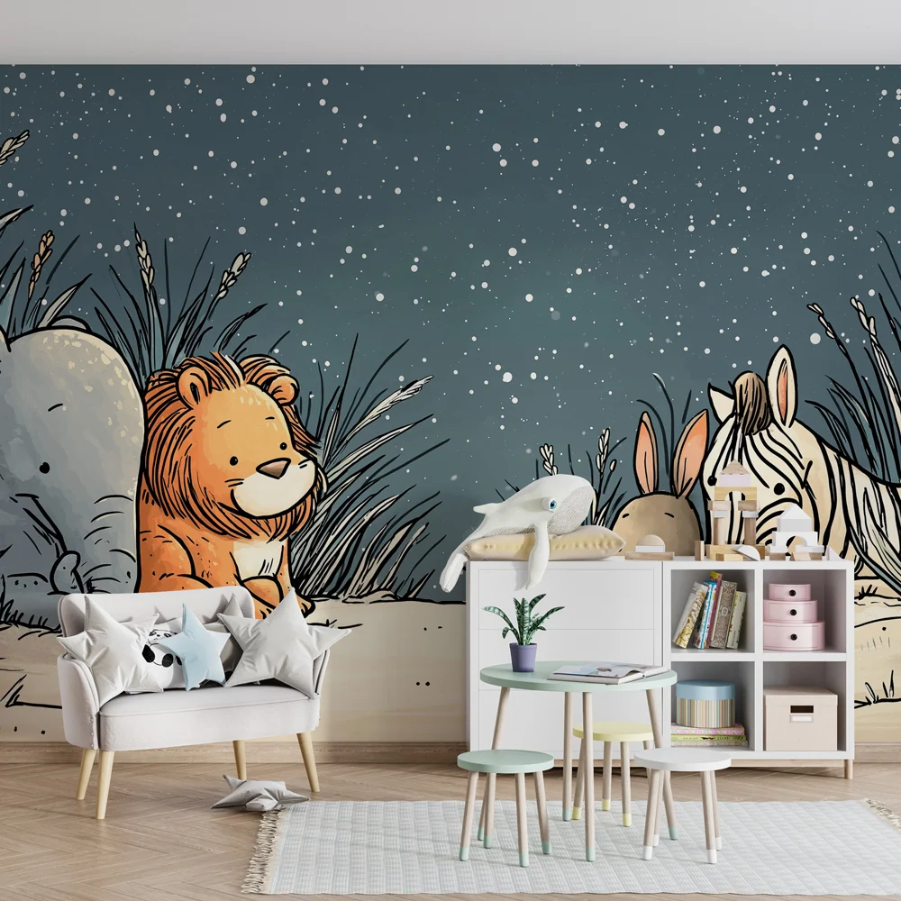 Papel de parede crianç | Animais da selva sob as estrelas