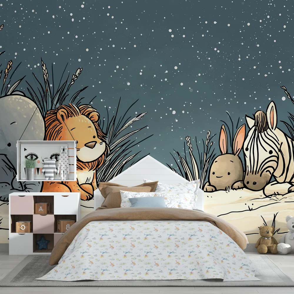 Papel de parede crianç | Animais da selva sob as estrelas