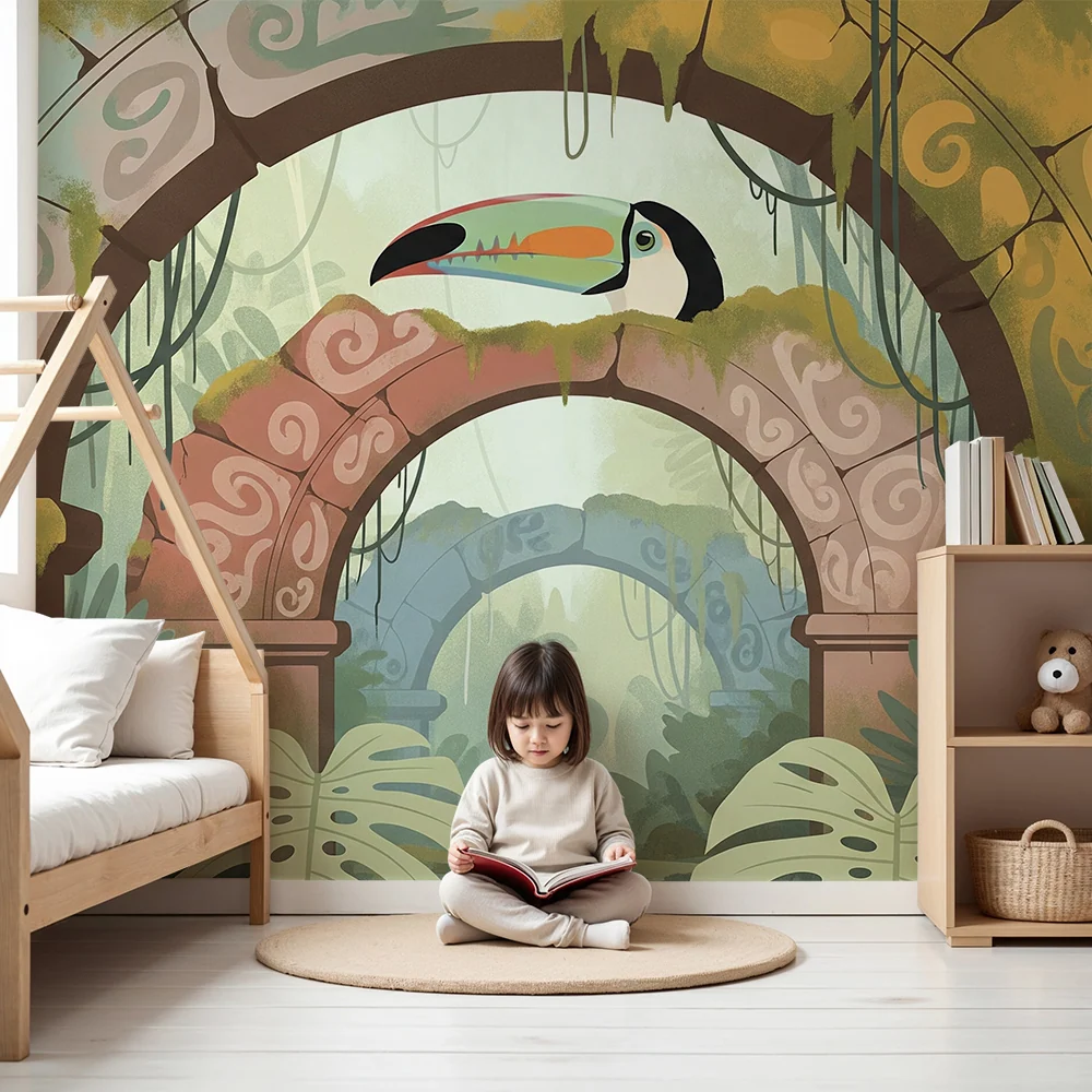 Papel de parede crianç | Arcos antigos e tucano numa selva luxuriante