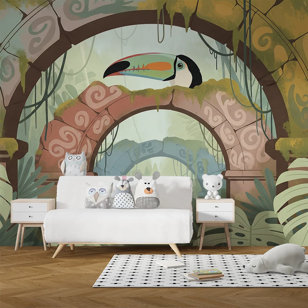 Papel de parede crianç | Arcos antigos e tucano numa selva luxuriante