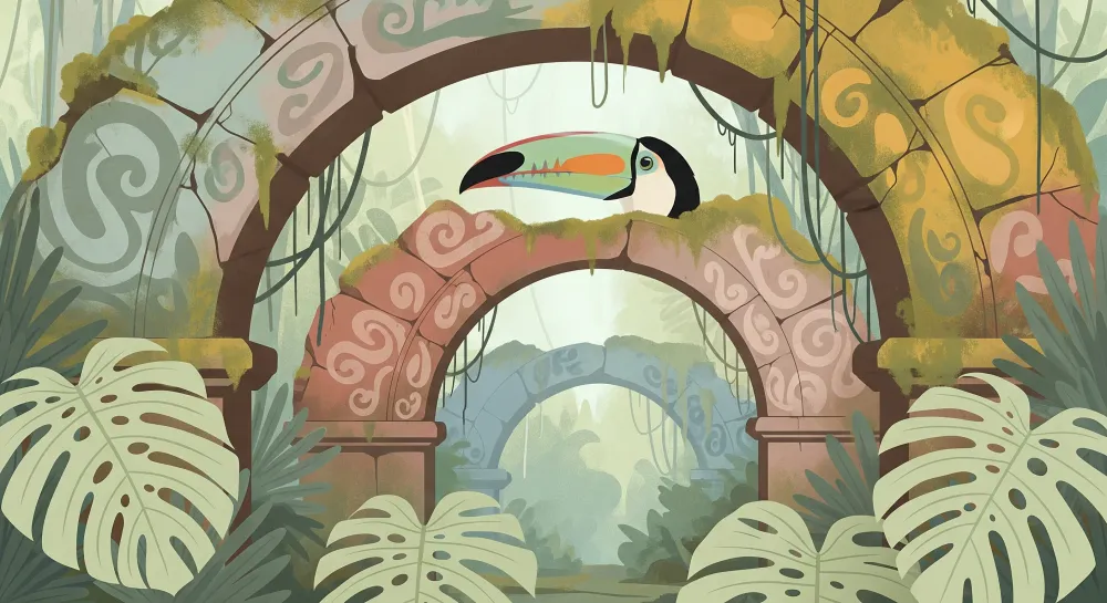 Papel de parede crianç | Arcos antigos e tucano numa selva luxuriante