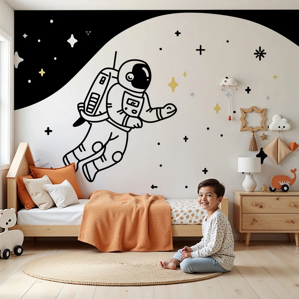 Papel de parede crianç | Astronauta flutuando em um espaço estrelado em preto e branco