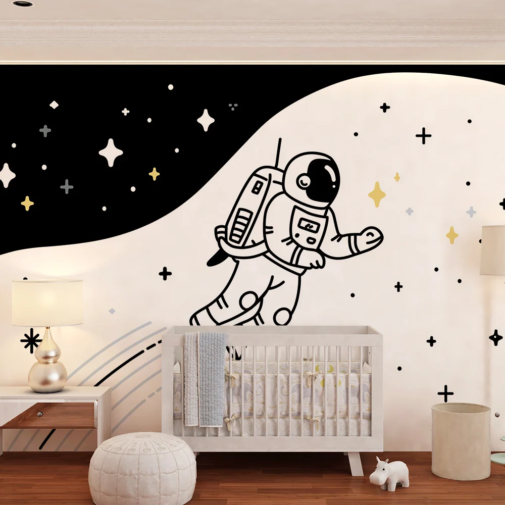 Papel de parede crianç | Astronauta flutuando em um espaço estrelado em preto e branco