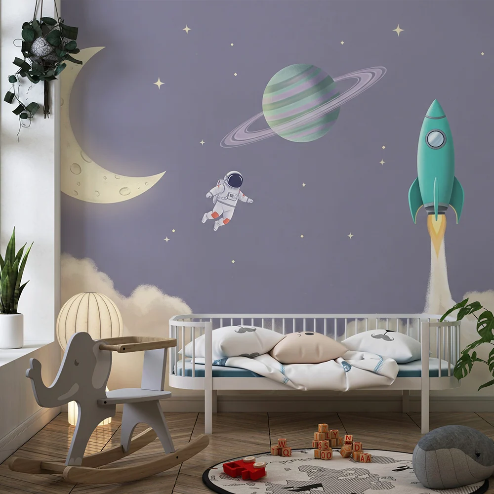 Papel de parede crianç | Astronauta e foguete em um céu lilás