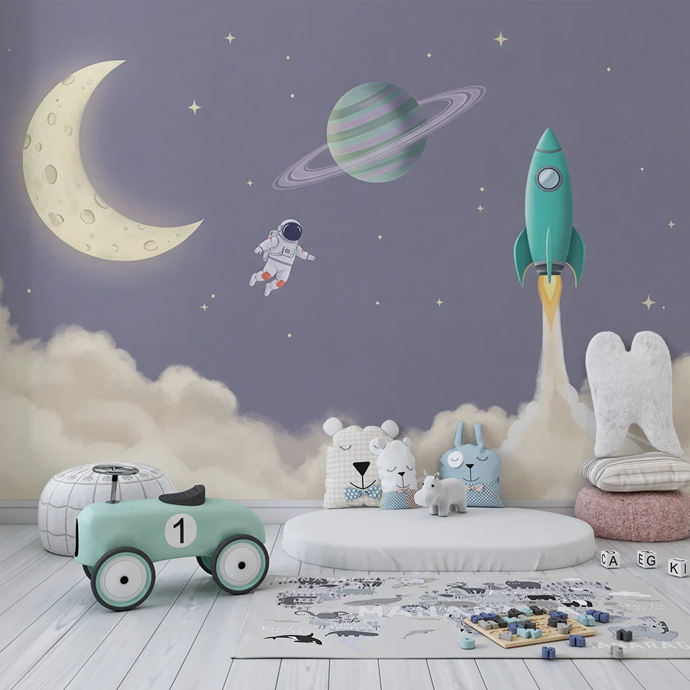Papel de parede crianç | Astronauta e foguete em um céu lilás
