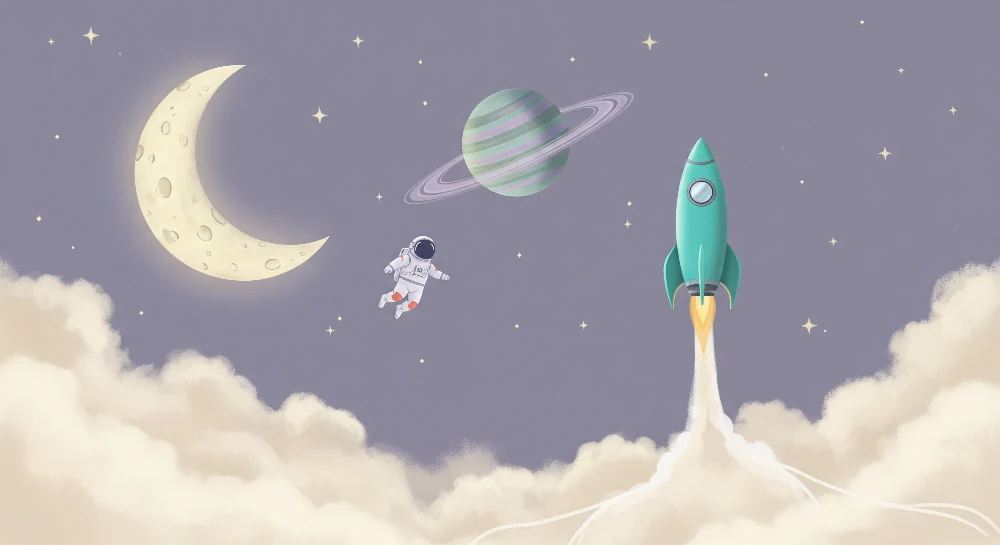 Papel de parede crianç | Astronauta e foguete em um céu lilás